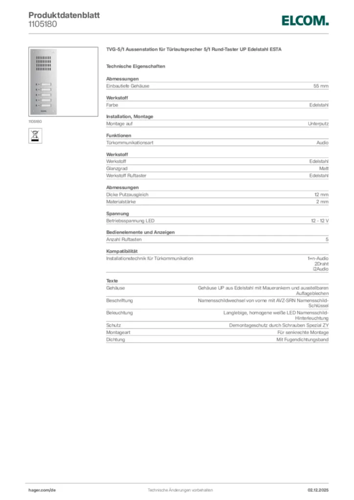 Bild Elcom Produktdatenblatt 1105180 | Hager Deutschland