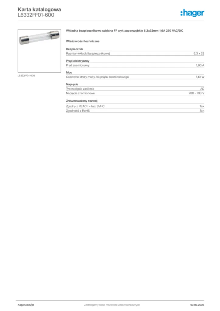 Zdjęcie Hager Karta katalogowa L6332FF01-600 | Hager Polska