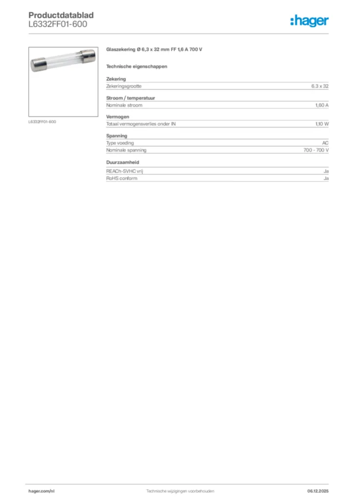 Afbeelding Hager Productdatablad L6332FF01-600 | Hager Nederland