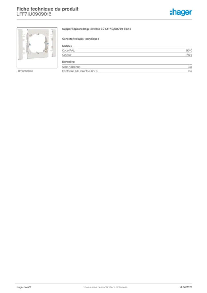 Image Hager Fiche technique du produit LFF71U0909016 | Hager France