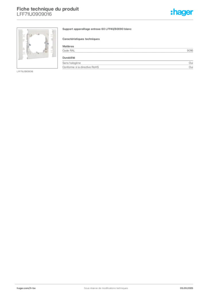 Image Hager Fiche technique du produit LFF71U0909016 | Hager Belgique
