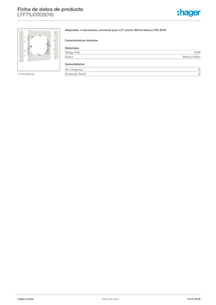Imagen Hager Ficha de datos de producto LFF71U0909016 | Hager España