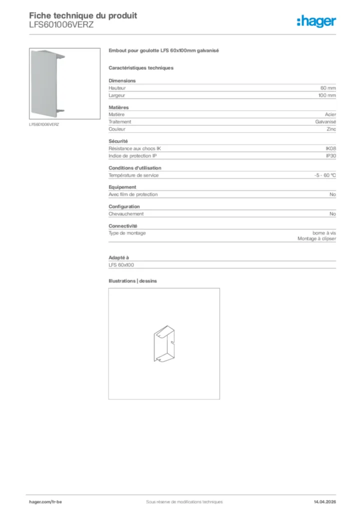 Image Hager Fiche technique du produit LFS601006VERZ | Hager Belgique