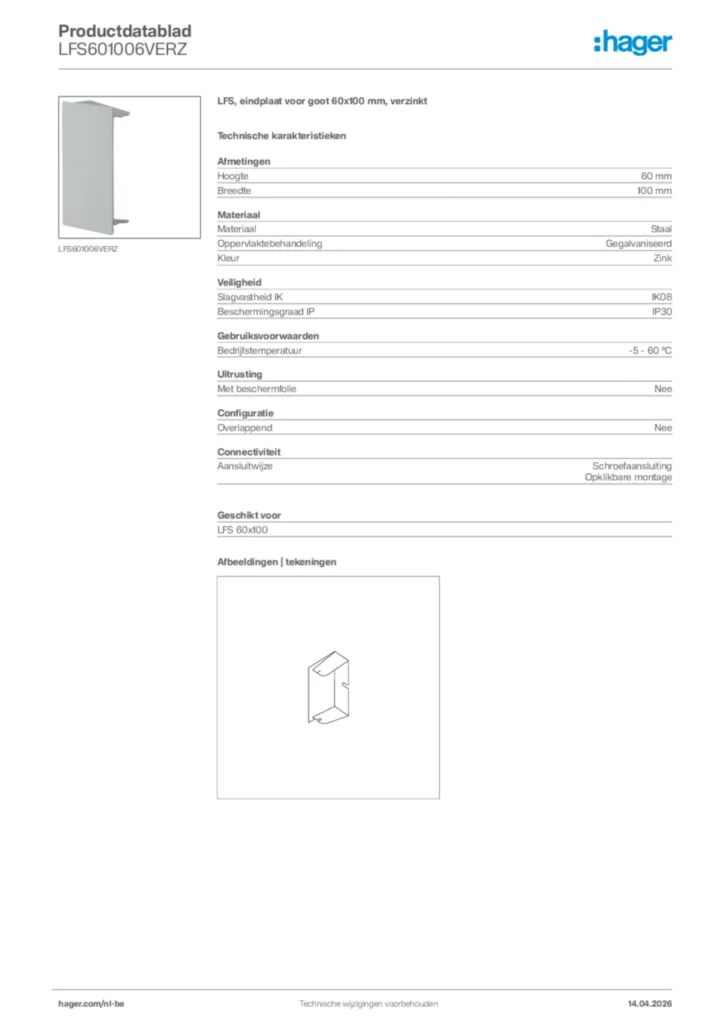 Afbeelding Hager Productdatablad LFS601006VERZ | Hager Belgium