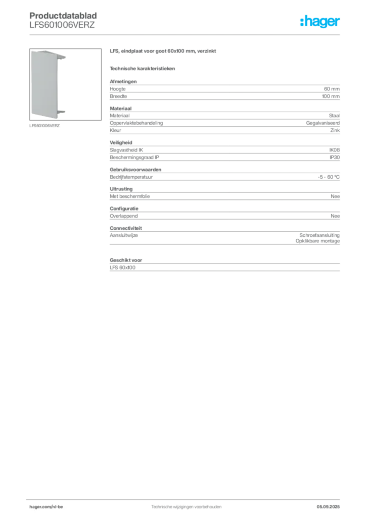 Afbeelding Hager Productdatablad LFS601006VERZ | Hager Belgium