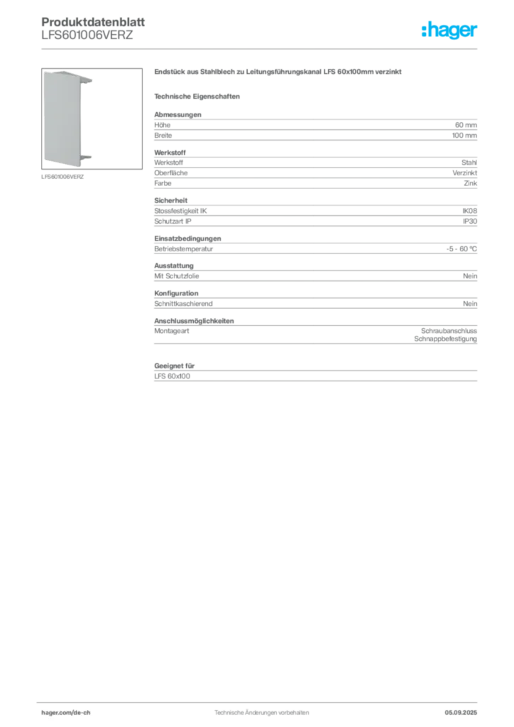 Bild Hager Produktdatenblatt LFS601006VERZ | Hager Schweiz