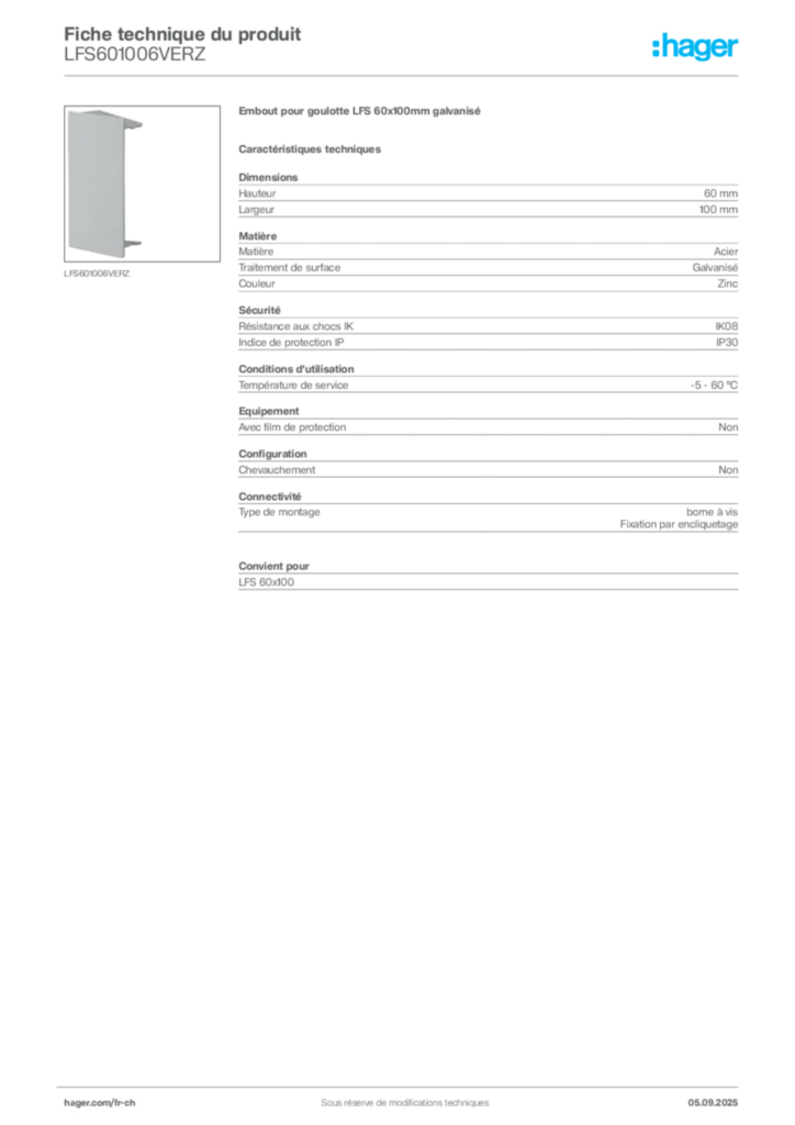 Image Hager Fiche technique du produit LFS601006VERZ | Hager Suisse