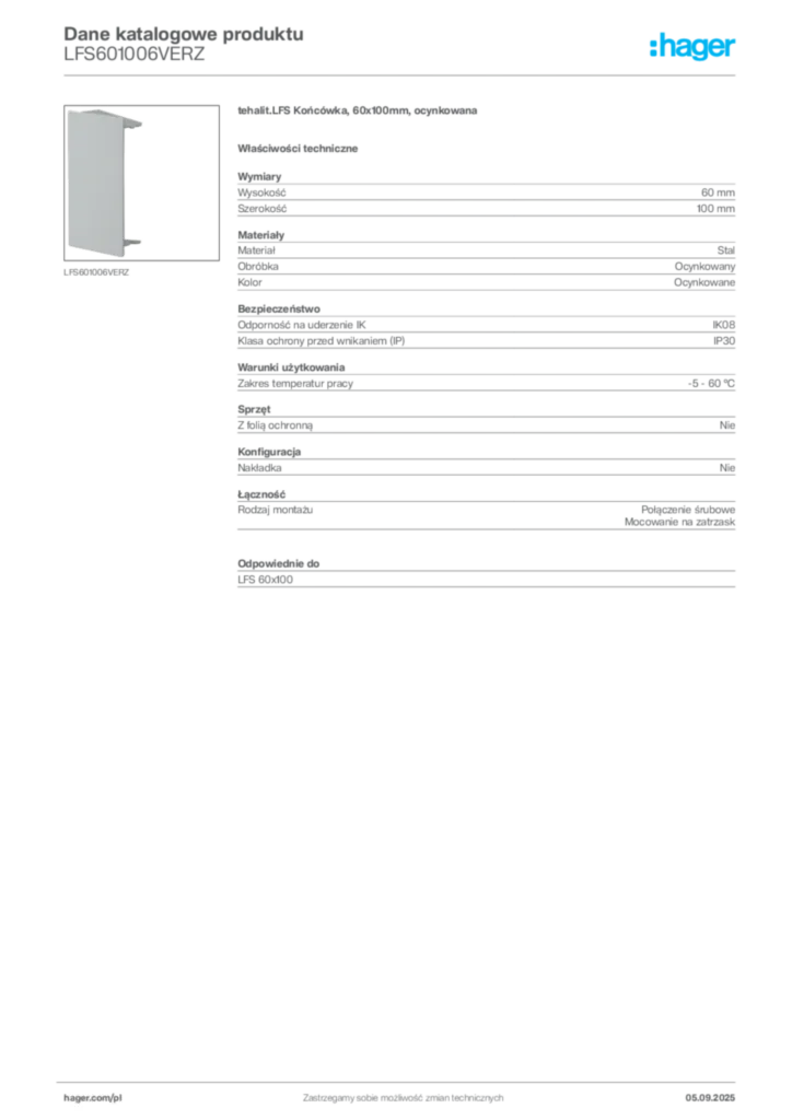 Zdjęcie Hager Dane katalogowe produktu LFS601006VERZ | Hager Polska