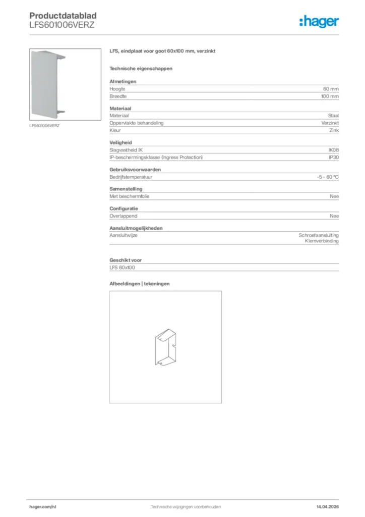 Afbeelding Hager Productdatablad LFS601006VERZ | Hager Nederland