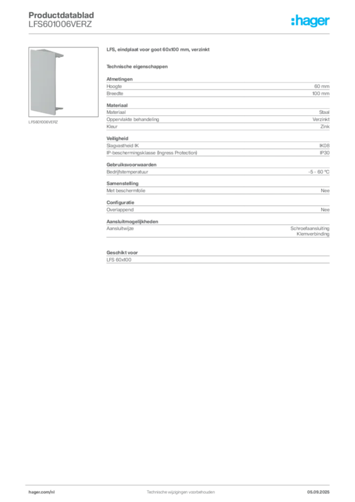 Afbeelding Hager Productdatablad LFS601006VERZ | Hager Nederland