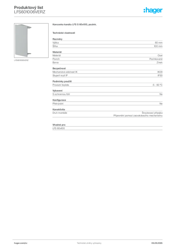 Obrázek Hager Produktový list LFS601006VERZ | Hager