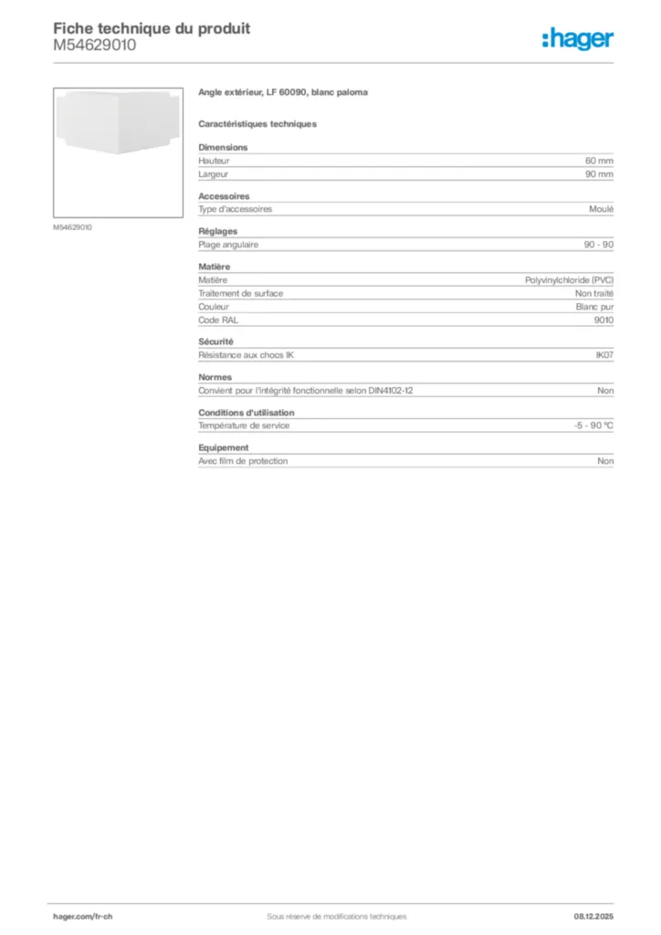 Image Hager Fiche technique du produit M54629010 | Hager Suisse