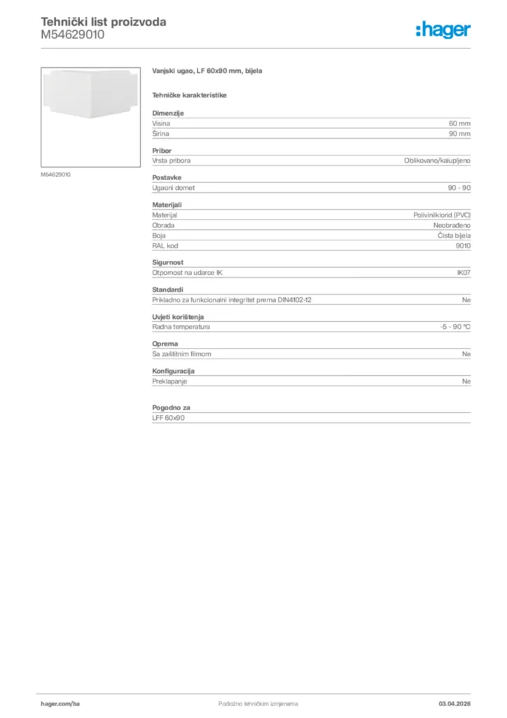 Slika Hager Tehnički list proizvoda M54629010  | Hager