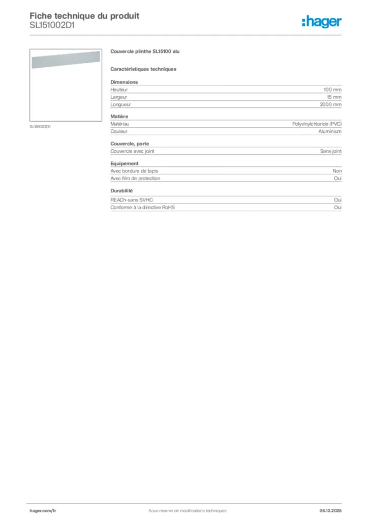 Image Hager Fiche technique du produit SL151002D1 | Hager France