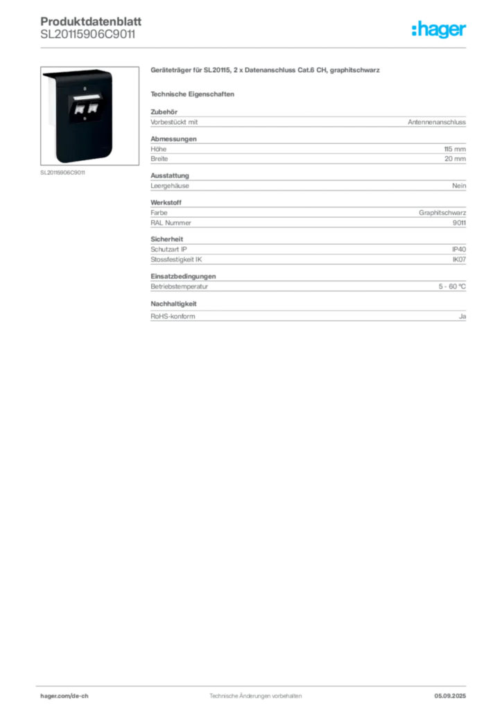 Bild Hager Produktdatenblatt SL20115906C9011 | Hager Schweiz