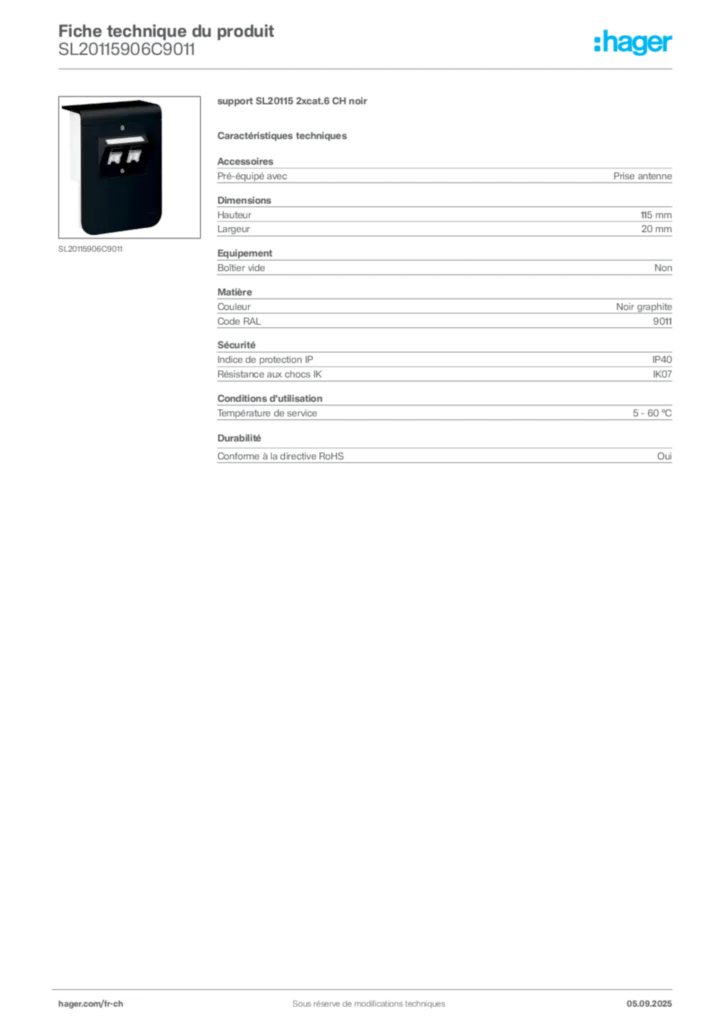 Image Hager Fiche technique du produit SL20115906C9011 | Hager Suisse