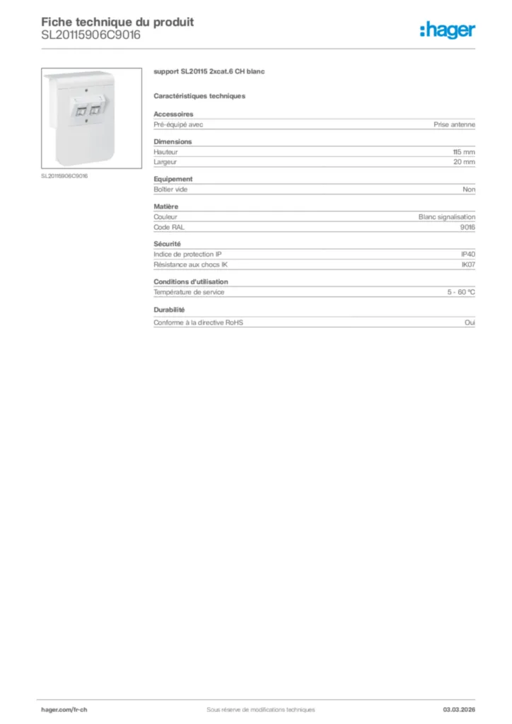 Image Hager Fiche technique du produit SL20115906C9016 | Hager Suisse