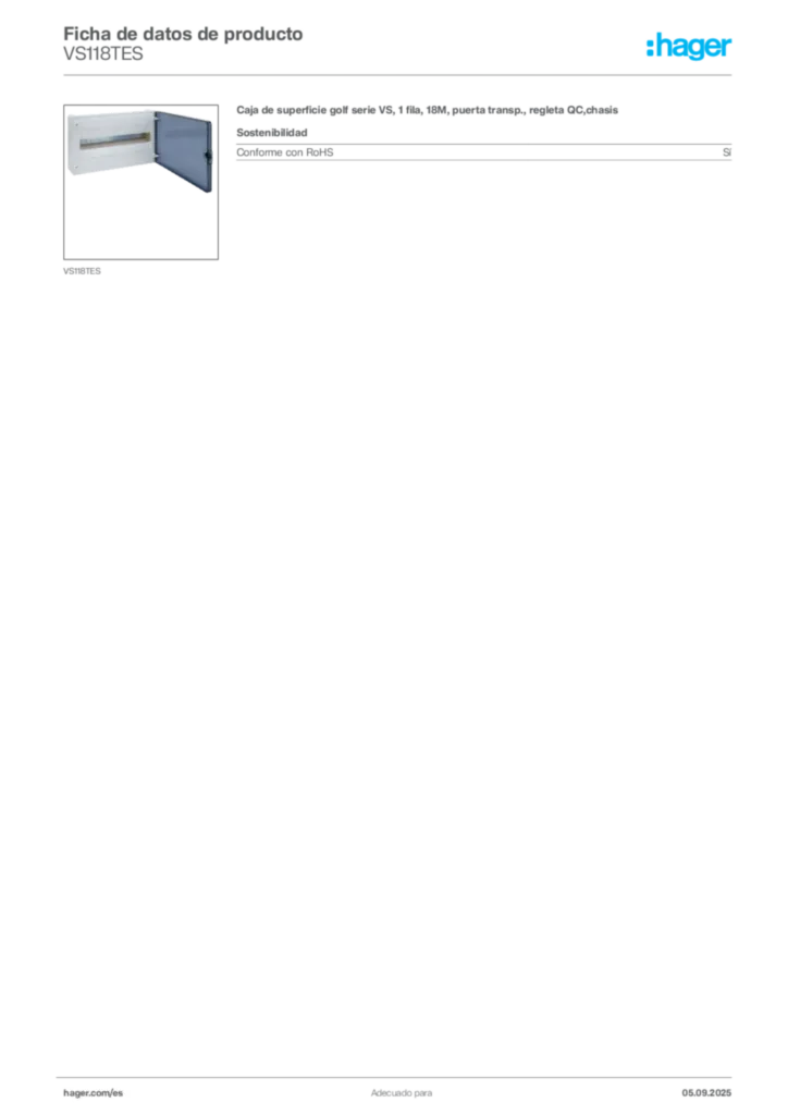 Imagen Hager Ficha de datos de producto VS118TES | Hager España