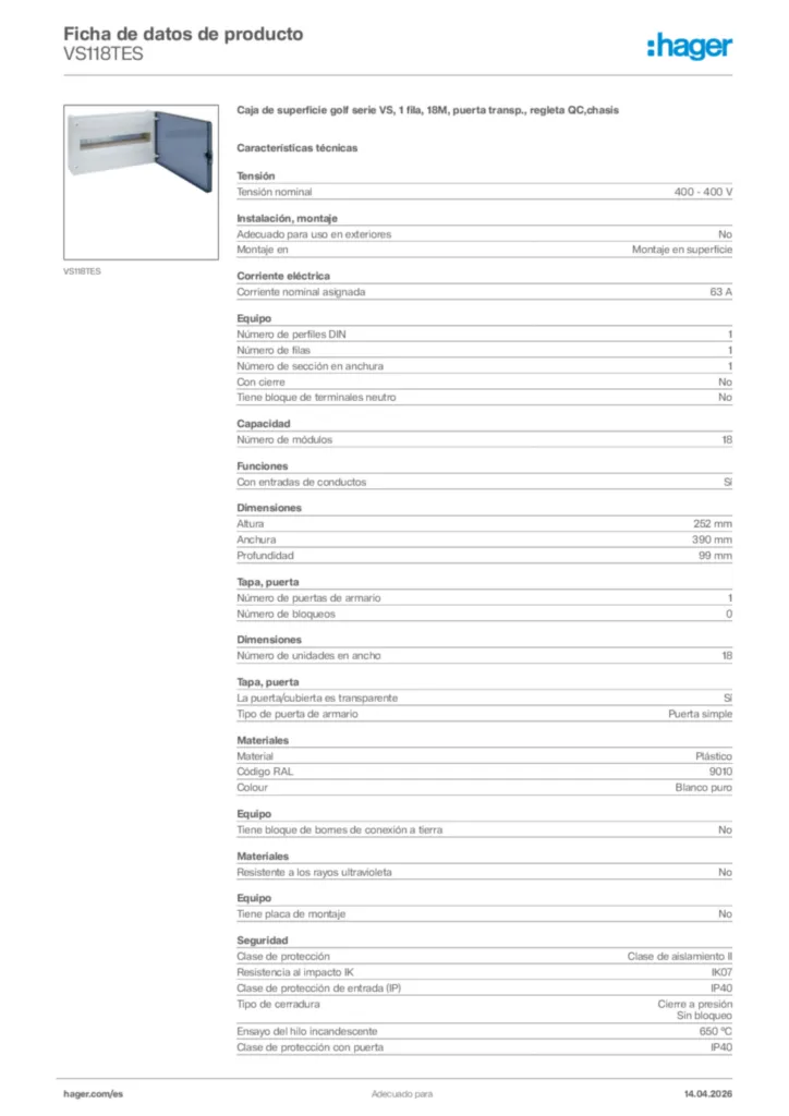 Imagen Hager Ficha de datos de producto VS118TES | Hager España