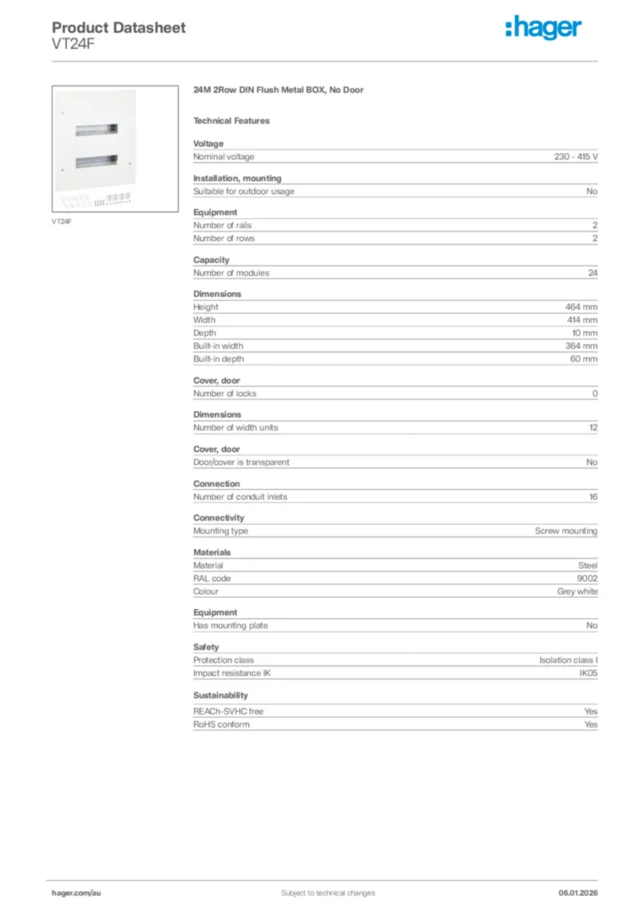 Image Hager Product data sheet VT24F  | Hager Australia