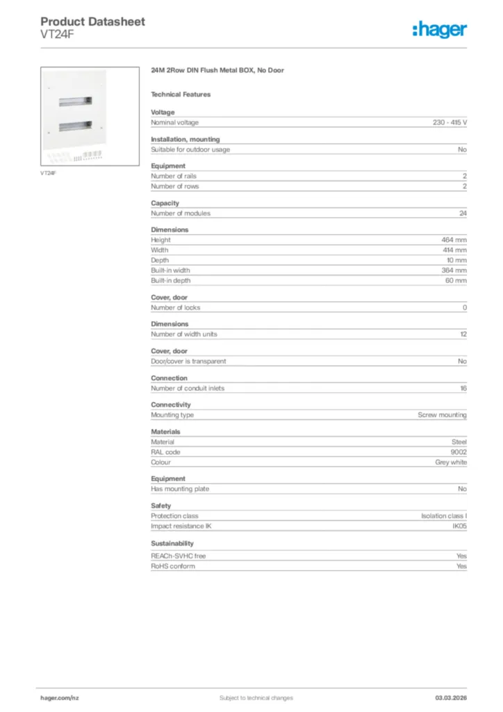 Image Hager Product data sheet VT24F  | Hager New Zealand
