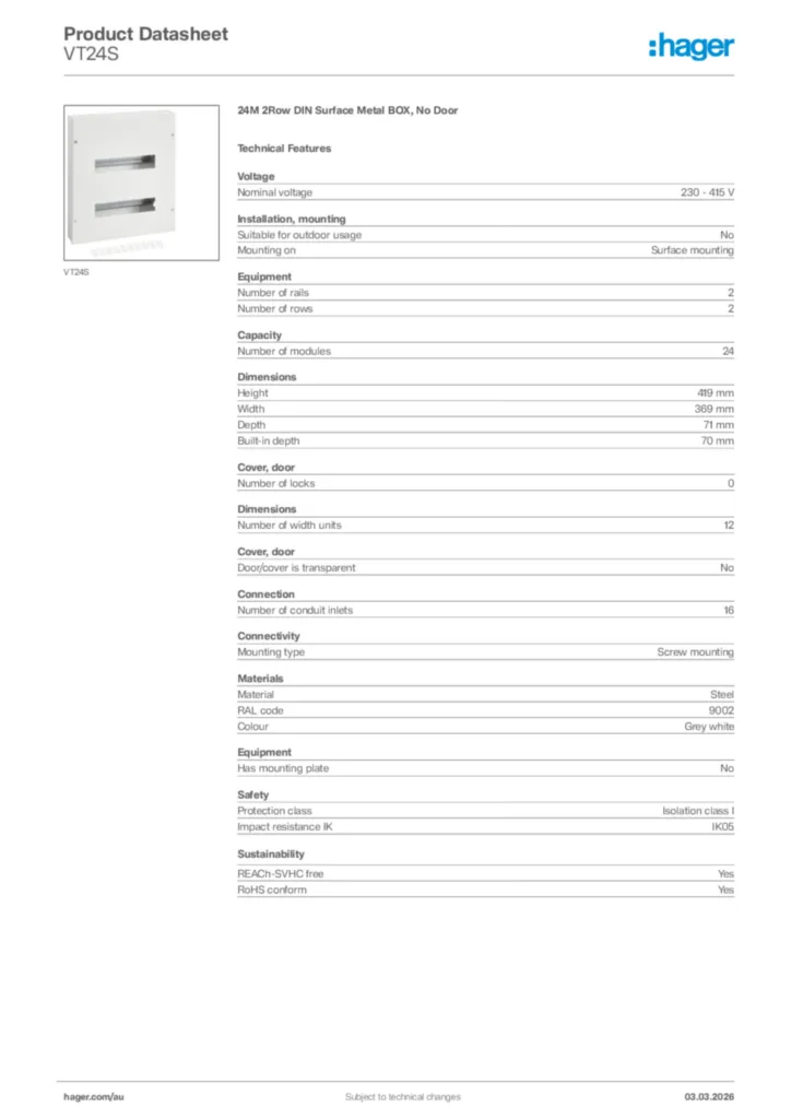 Image Hager Product data sheet VT24S  | Hager Australia