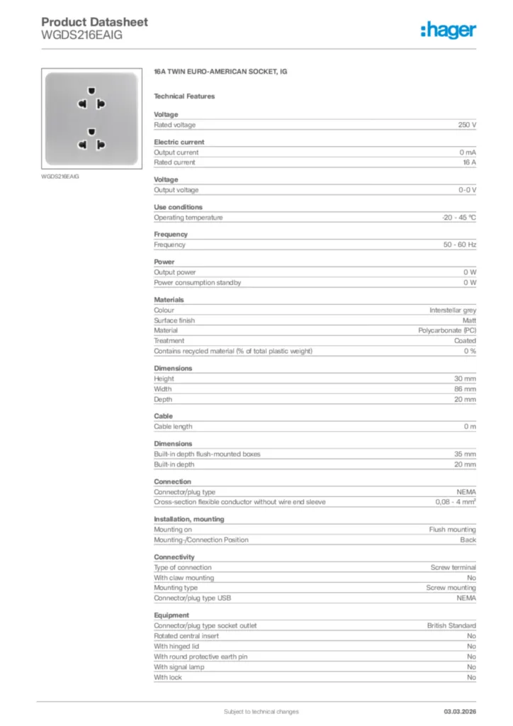 Image Hager Product data sheet WGDS216EAIG  | Hager
