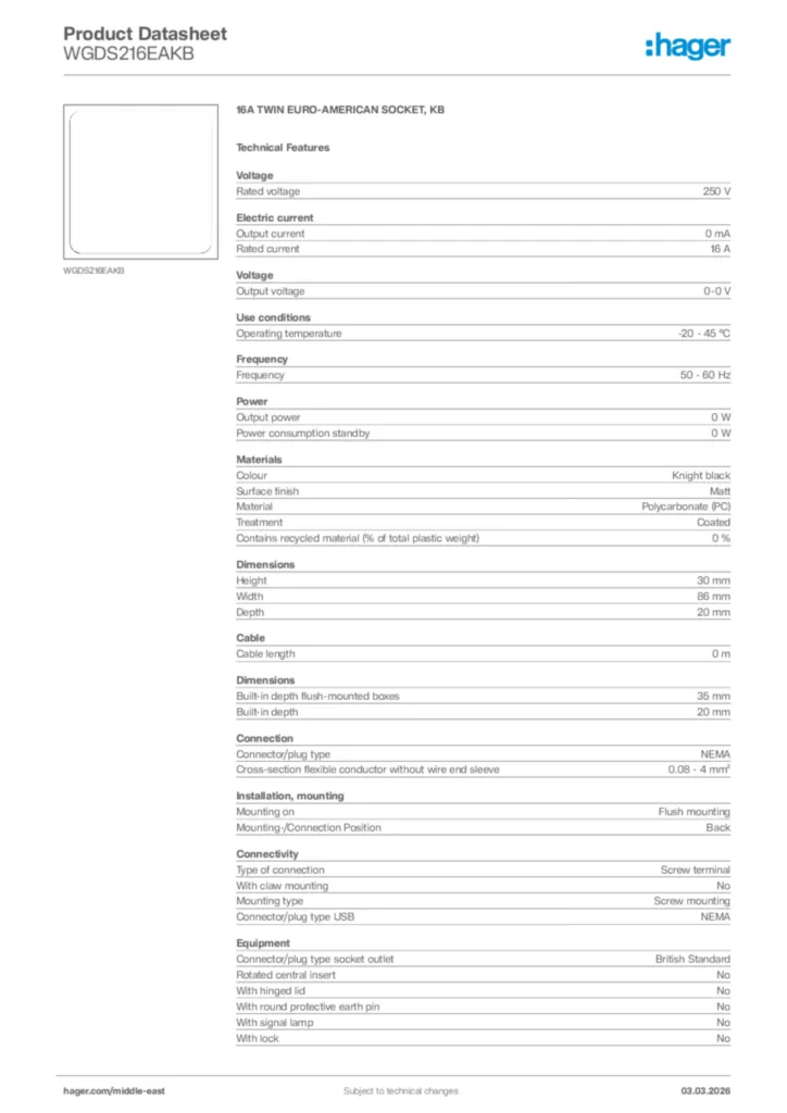 Image Hager Product data sheet WGDS216EAKB  | Hager