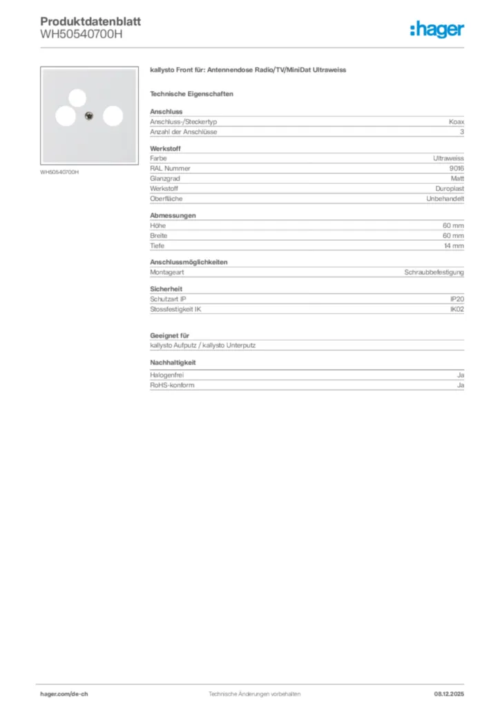Bild Hager Produktdatenblatt WH50540700H | Hager Schweiz