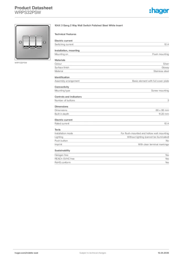 Image Hager Product data sheet WRPS32PSW  | Hager