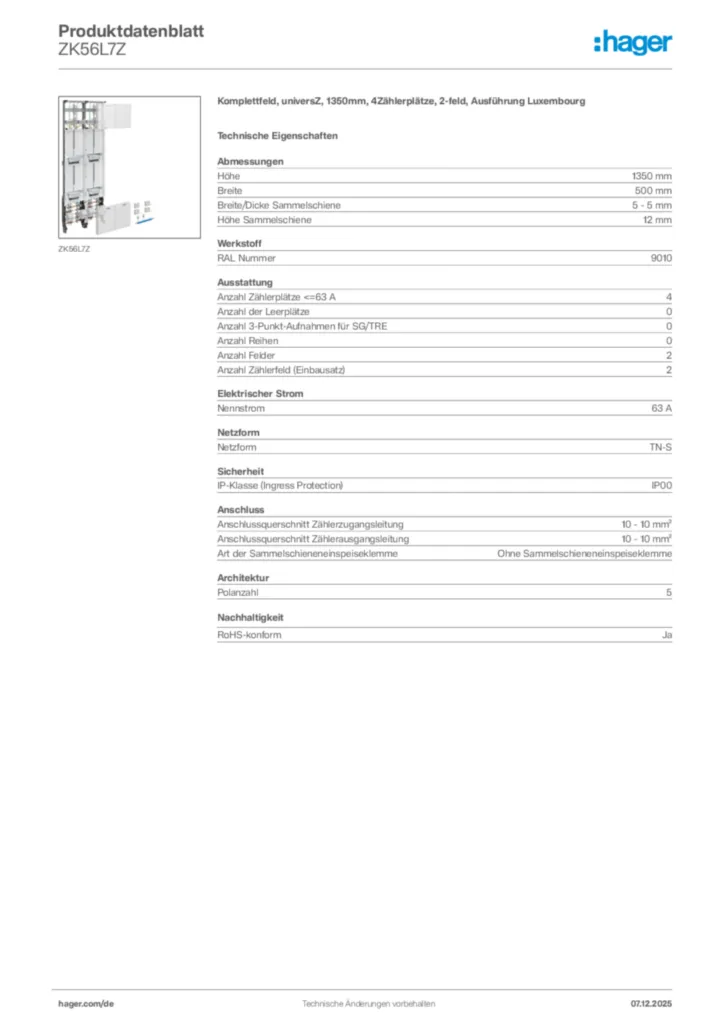 Bild Hager Produktdatenblatt ZK56L7Z | Hager Deutschland
