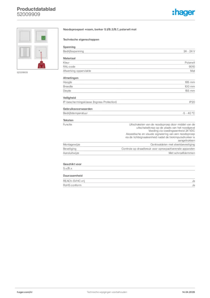 Afbeelding Hager Productdatablad 52009909 | Hager Nederland
