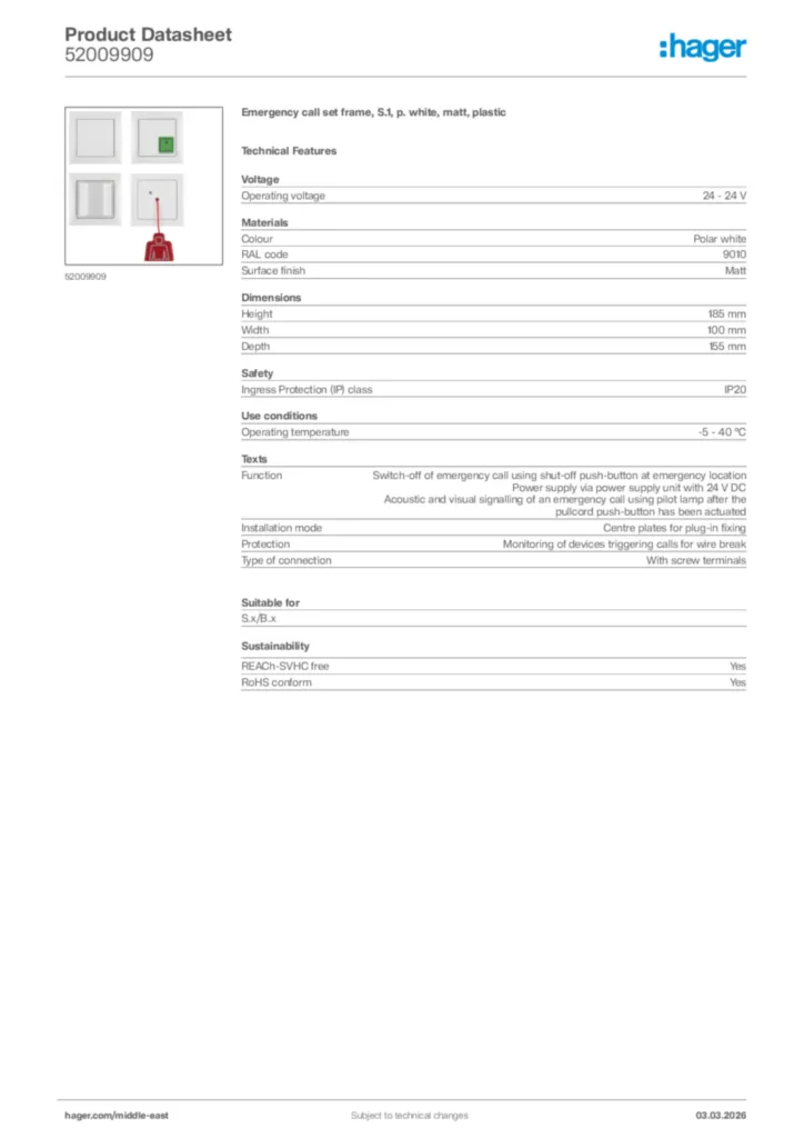 Image Hager Product data sheet 52009909  | Hager