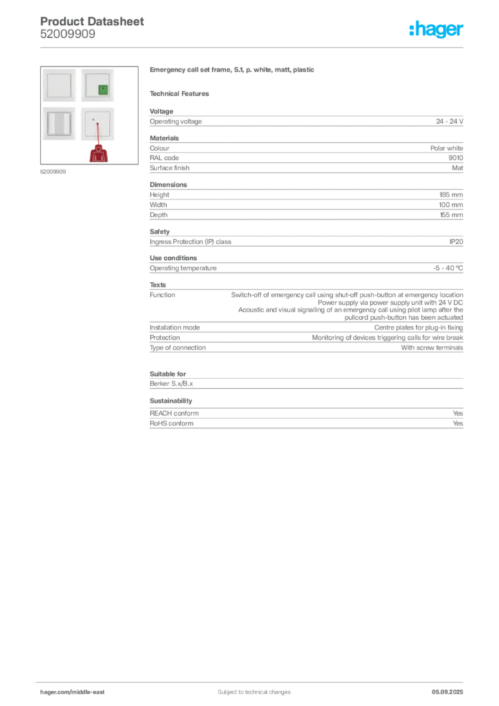 Image Hager Product data sheet 52009909  | Hager