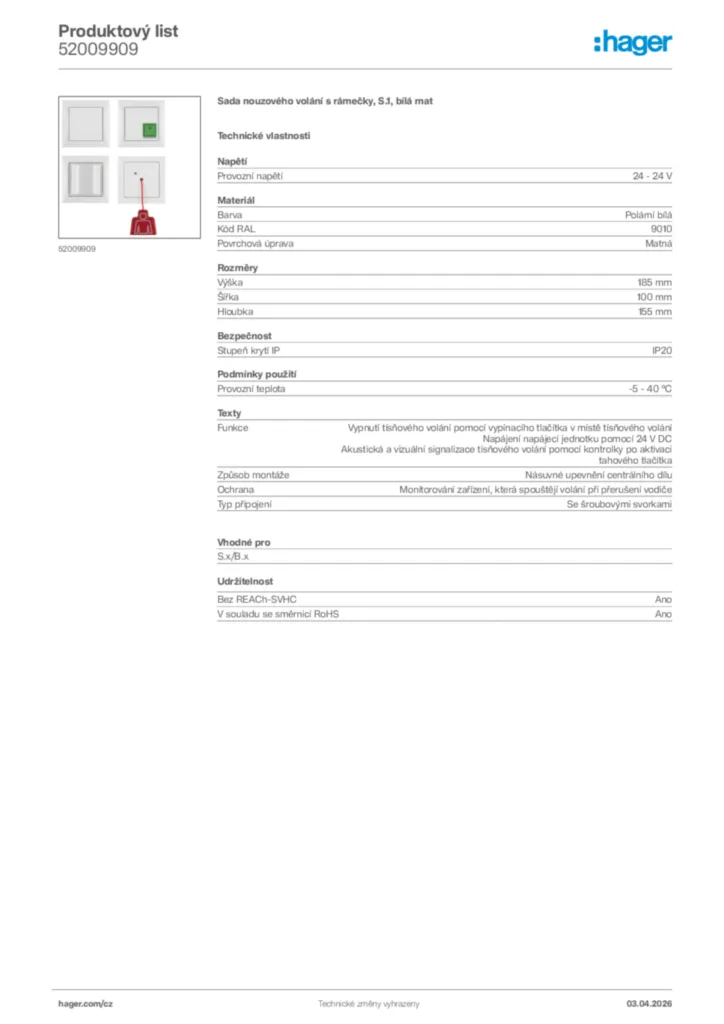 Obrázek Hager Product data sheet 52009909 | Hager