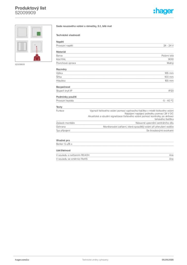 Obrázek Hager Produktový list 52009909 | Hager