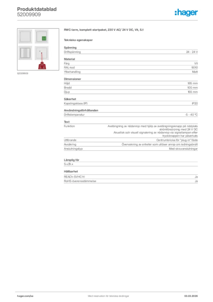 Bild Hager Produktdatablad 52009909 | Hager Sverige