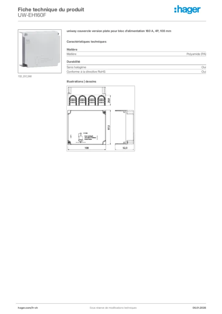 Image Hager Fiche technique du produit UW-EH160F | Hager Suisse