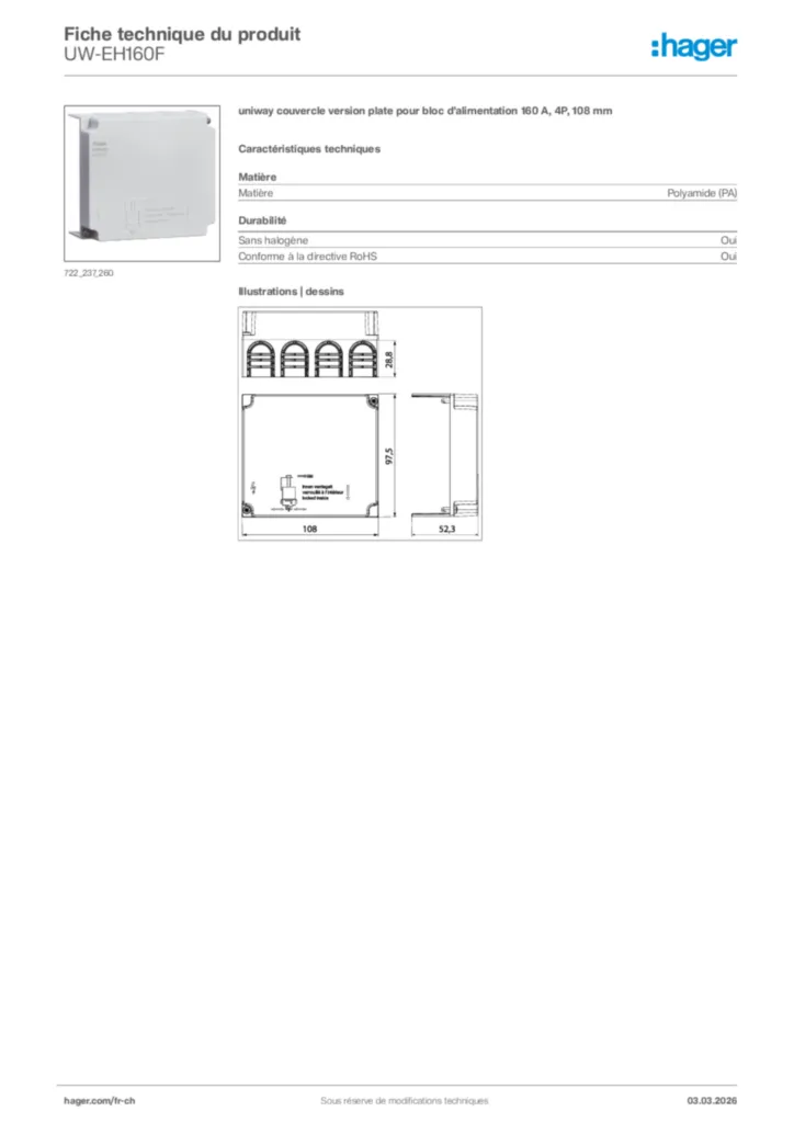 Image Hager Fiche technique du produit UW-EH160F | Hager Suisse