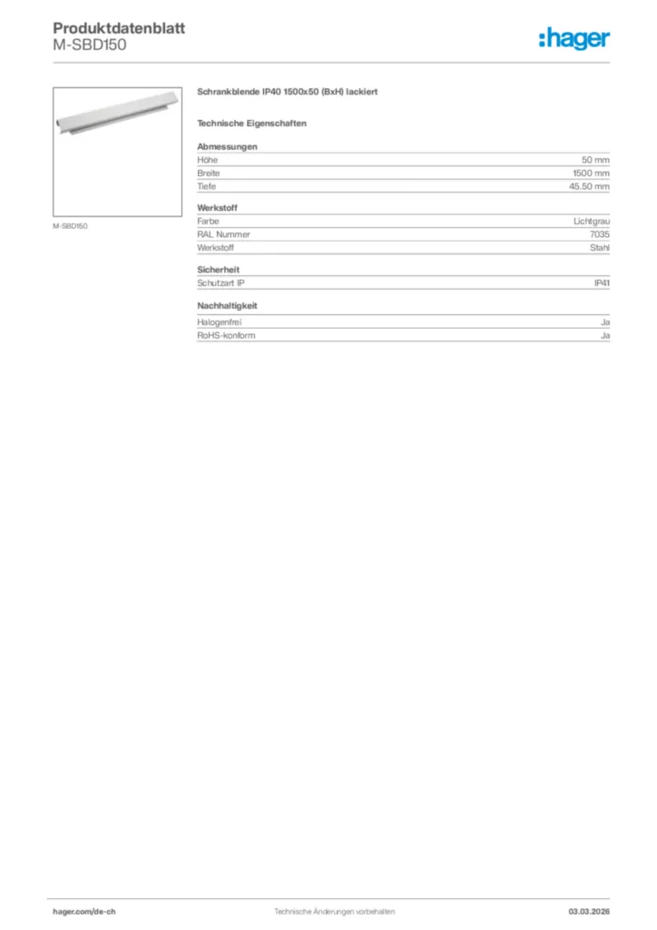 Bild Hager Produktdatenblatt M-SBD150 | Hager Schweiz