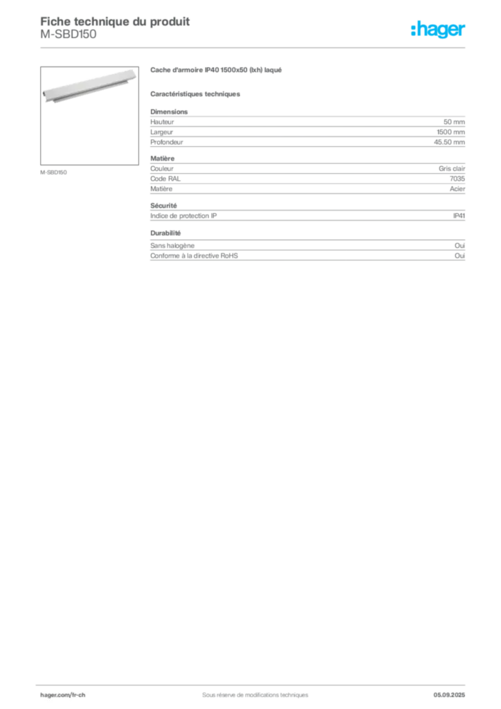 Image Hager Fiche technique du produit M-SBD150 | Hager Suisse