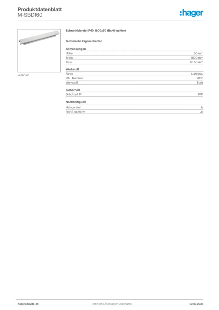 Bild Hager Produktdatenblatt M-SBD160 | Hager Schweiz