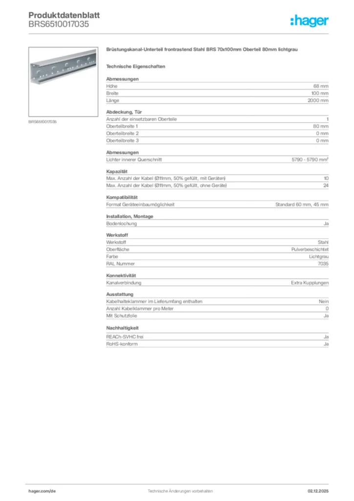 Bild Hager Produktdatenblatt BRS6510017035 | Hager Deutschland