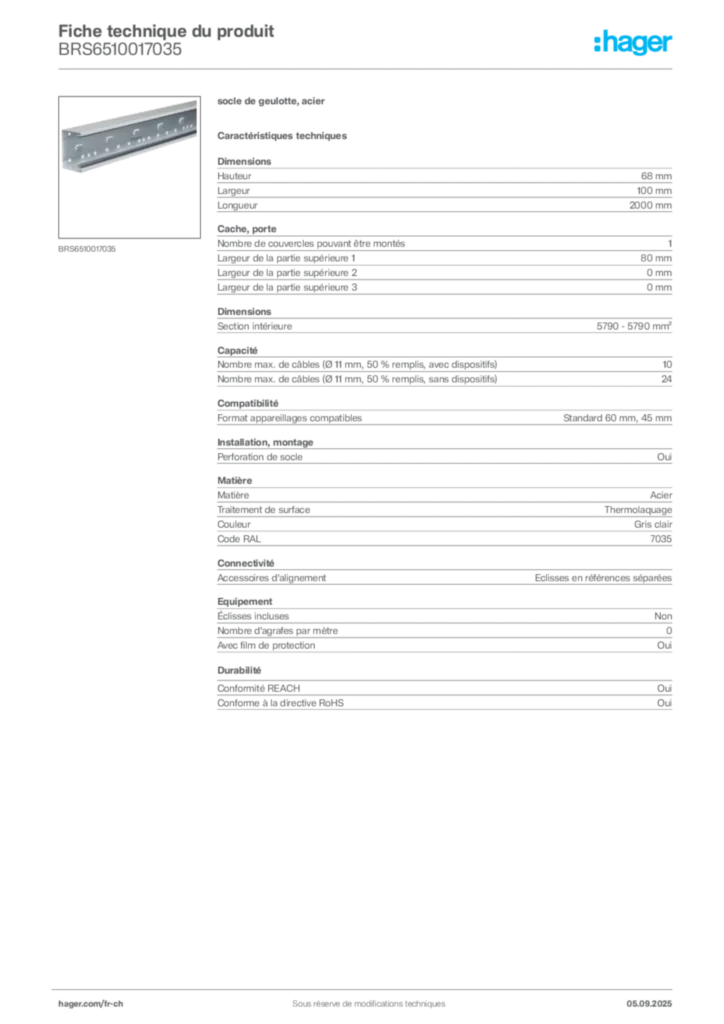 Image Hager Fiche technique du produit BRS6510017035 | Hager Suisse