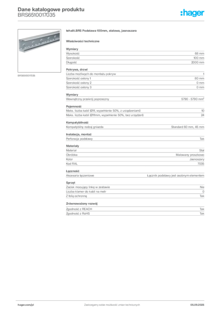 Zdjęcie Hager Dane katalogowe produktu BRS6510017035 | Hager Polska