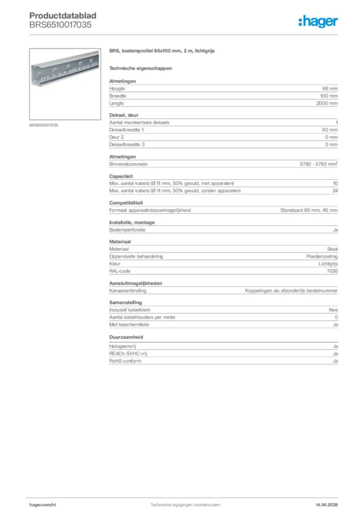 Afbeelding Hager Productdatablad BRS6510017035 | Hager Nederland