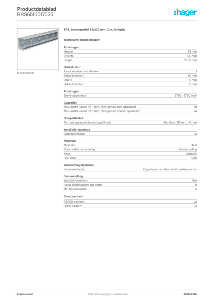 Afbeelding Hager Productdatablad BRS6510017035 | Hager Nederland