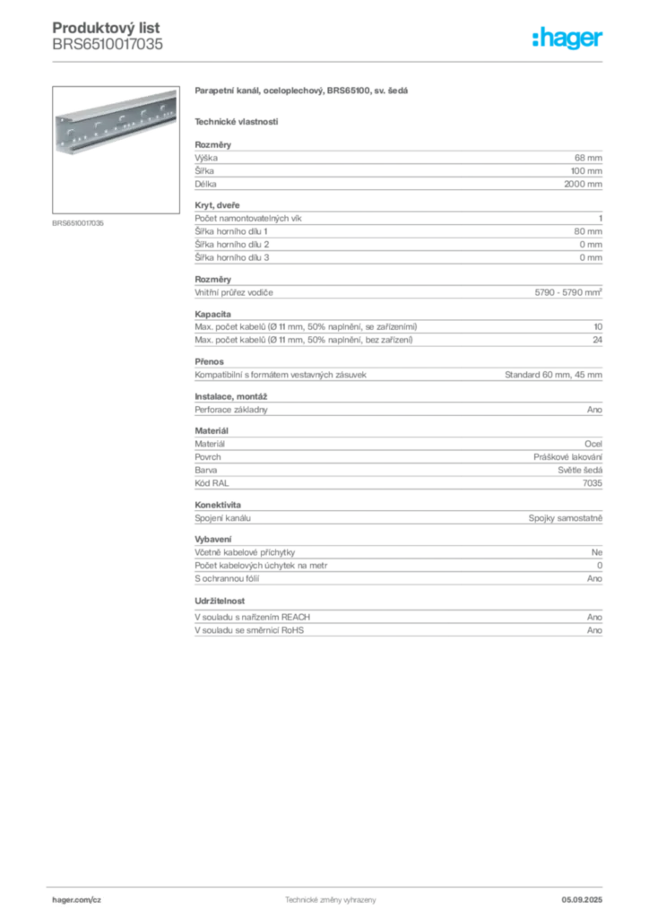 Obrázek Hager Produktový list BRS6510017035 | Hager