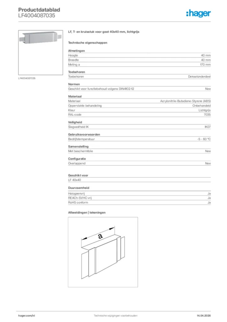 Afbeelding Hager Productdatablad LF4004087035 | Hager Nederland