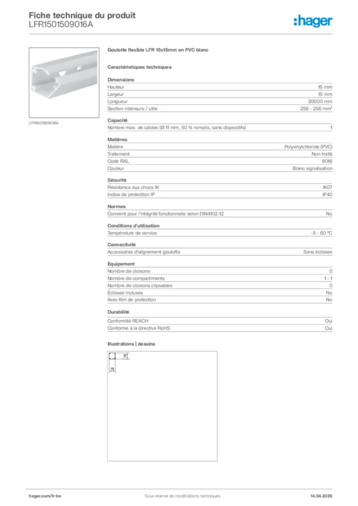 Image Hager Fiche technique du produit LFR1501509016A | Hager Belgique